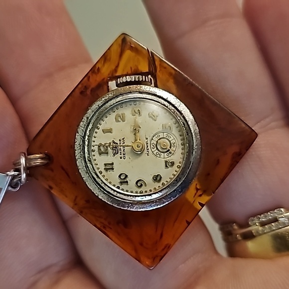 Vintage Square Amber Brooch with Hanging Geneva Watch - Picture 5 of 5